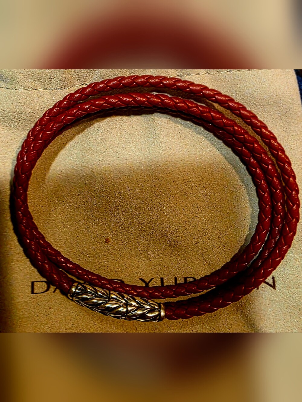David Yurman Braided Red Leather Triple Wrap Bracelet with Sterling Silver Clasp